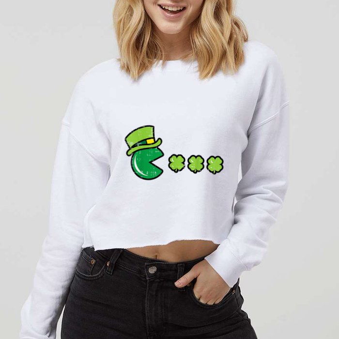 St Patricks Day Eating Shamrock Retro Gamer Cropped Pullover Crew