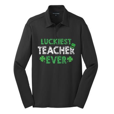 Saint Patrick's Day Luckiest Teacher Ever Funny Gift Silk Touch Performance Long Sleeve Polo