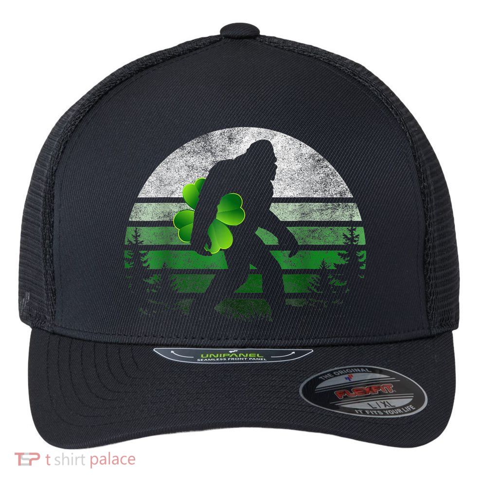 St Patricks Day Bigfoot Irish Shamrock Sasquatch Clover Leaf Flexfit Unipanel Trucker Cap