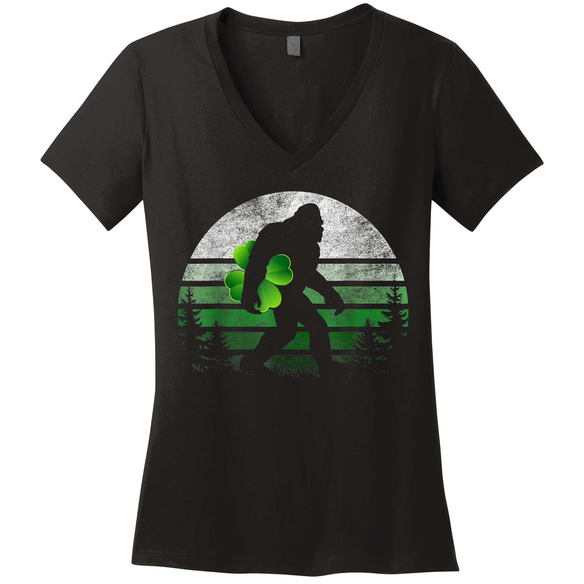 St Patricks Day Bigfoot Irish Shamrock Sasquatch Clover Leaf Women's V-Neck T-Shirt