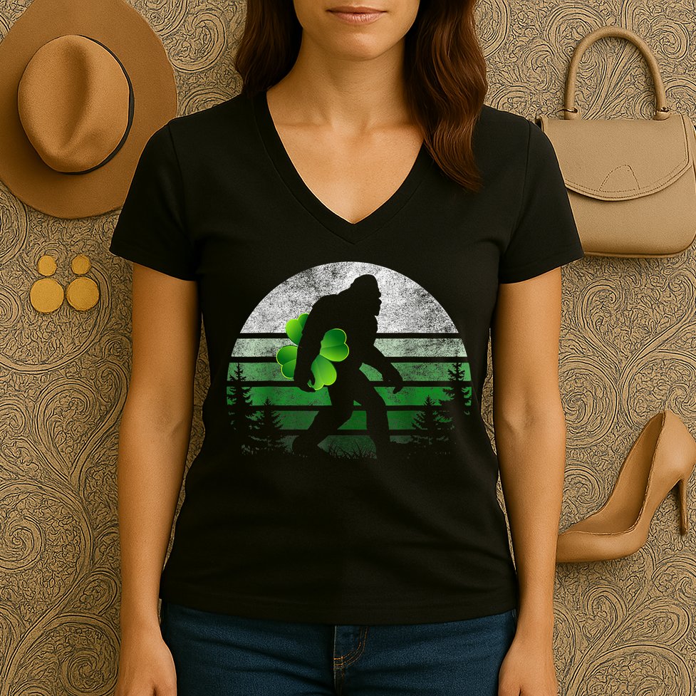 St Patricks Day Bigfoot Irish Shamrock Sasquatch Clover Leaf Women's V-Neck T-Shirt
