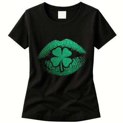 St PatrickS Day Irish Leaf Clover Lips Womens T-Shirt
