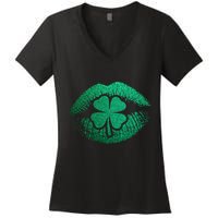 St PatrickS Day Irish Leaf Clover Lips Women's V-Neck T-Shirt