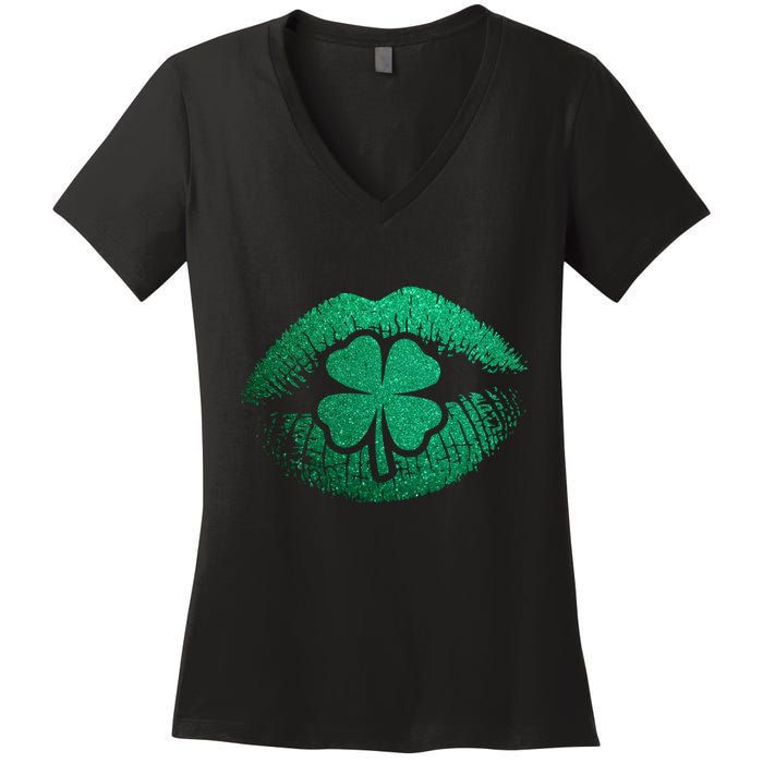 St PatrickS Day Irish Leaf Clover Lips Women's V-Neck T-Shirt