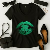 St PatrickS Day Irish Leaf Clover Lips Women's V-Neck T-Shirt