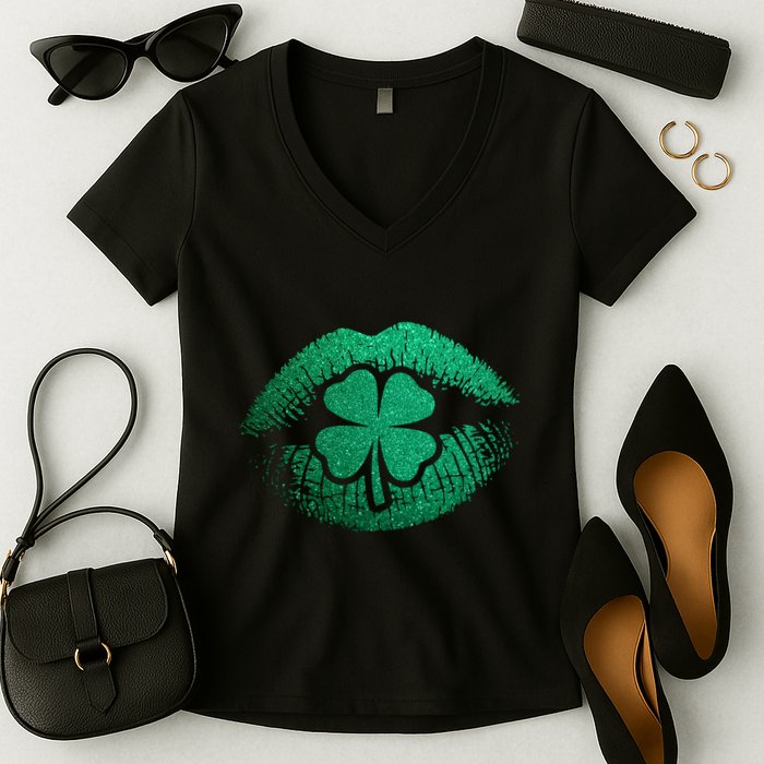 St PatrickS Day Irish Leaf Clover Lips Women's V-Neck T-Shirt