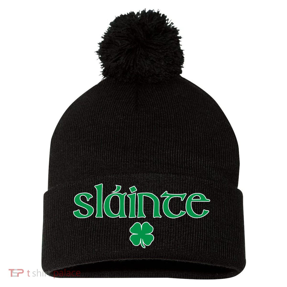 Slainte Patricks Day Shamrock Pom Pom 12in Knit Beanie
