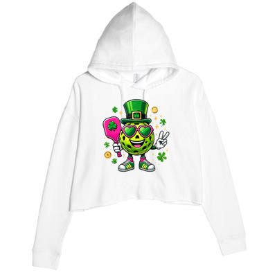 St. Patrick's Day Funny Lucky Pickleball Irish Shamrock Crop Fleece Hoodie