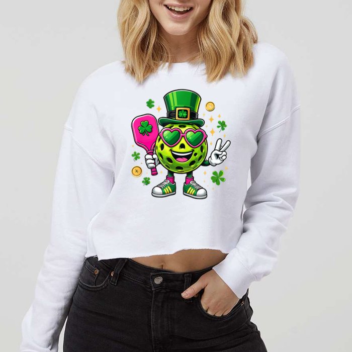 St. Patrick's Day Funny Lucky Pickleball Irish Shamrock Cropped Pullover Crew