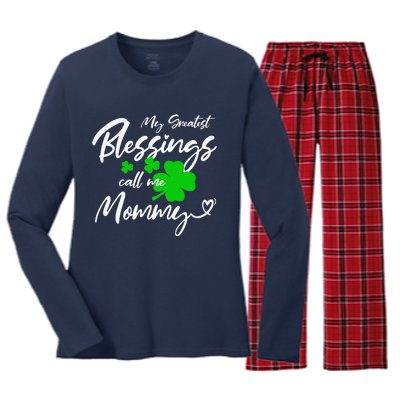 St Patricks Day My Greatest Blessings Call Me Mommy Love Women's Long Sleeve Flannel Pajama Set 