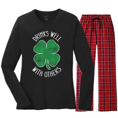 St Patricks Day Beer Funny Drinks Well With Others Drunk Gift Women's Long Sleeve Flannel Pajama Set 