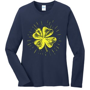 St. Patrick's Day Lucky Yellow Clover Shamrock Ladies Long Sleeve Shirt