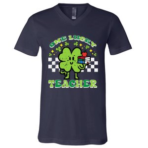 St Patrick Day Shamrock One Lucky Teacher Retro Saint Pattys V-Neck T-Shirt