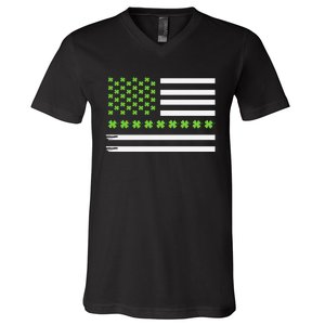 St PatrickS Day Distressed American Flag Shamrock V-Neck T-Shirt