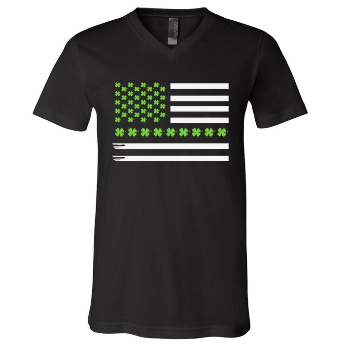 St PatrickS Day Distressed American Flag Shamrock V-Neck T-Shirt