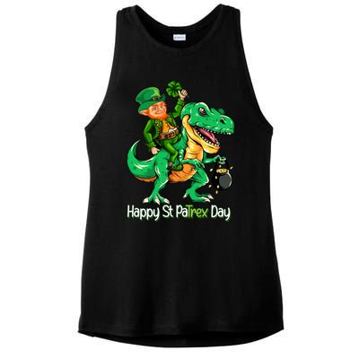 St Patricks Day Shirts Leprechaun Riding Dinosaur Gift Ladies PosiCharge Tri-Blend Wicking Tank