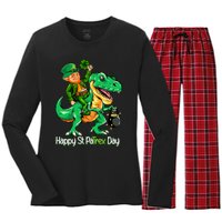 St Patricks Day Shirts Leprechaun Riding Dinosaur Gift Women's Long Sleeve Flannel Pajama Set 