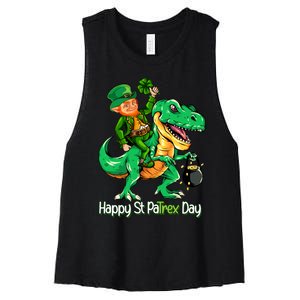 St Patricks Day Shirts Leprechaun Riding Dinosaur Gift Women's Racerback Cropped Tank