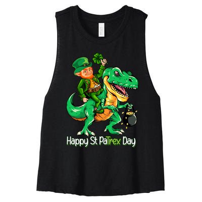 St Patricks Day Shirts Leprechaun Riding Dinosaur Gift Women's Racerback Cropped Tank