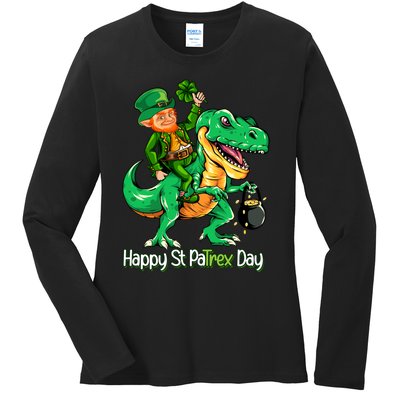 St Patricks Day Shirts Leprechaun Riding Dinosaur Gift Ladies Long Sleeve Shirt