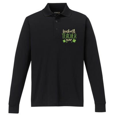 St Patricks Day Teaching Luckiest Teacher Ever Gift Performance Long Sleeve Polo