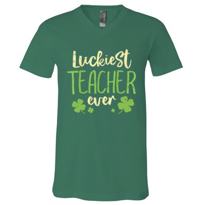 St Patricks Day Teaching Luckiest Teacher Ever Gift V-Neck T-Shirt