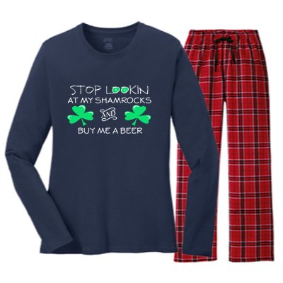 St Patricks Day Stop Looking At My Shamrocks And Buy Me Beer Gift Women's Long Sleeve Flannel Pajama Set 