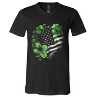 St Patricks Day Shamrock American Flag Retro V-Neck T-Shirt