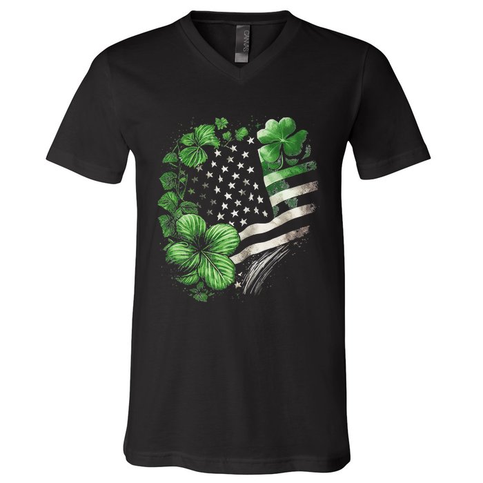 St Patricks Day Shamrock American Flag Retro V-Neck T-Shirt