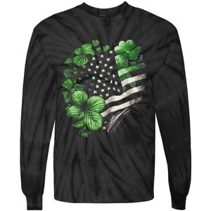 St Patricks Day Shamrock American Flag Retro Tie-Dye Long Sleeve Shirt