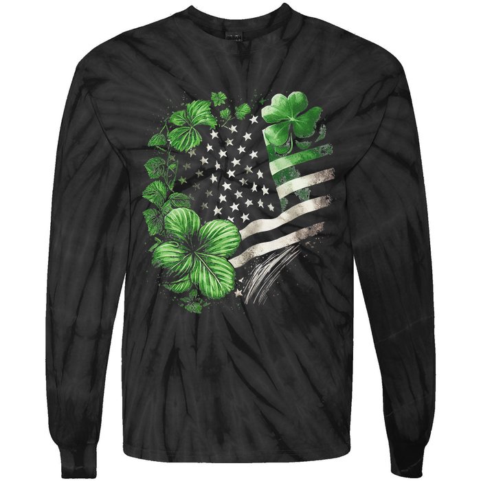 St Patricks Day Shamrock American Flag Retro Tie-Dye Long Sleeve Shirt