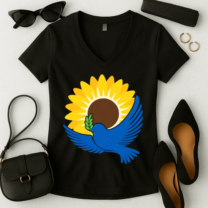 Sunflower Peace Dove Stand With Ukraine End The War Women's V-Neck T-Shirt