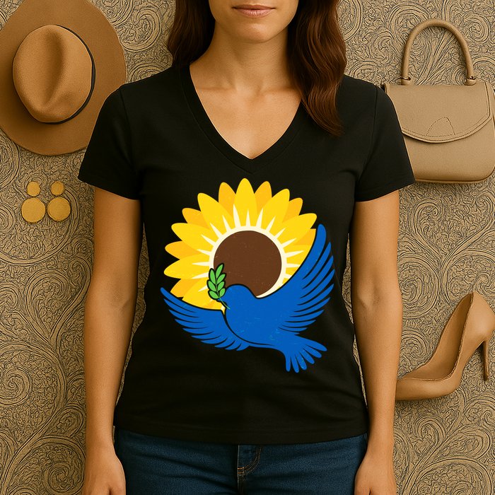 Sunflower Peace Dove Stand With Ukraine End The War Women's V-Neck T-Shirt