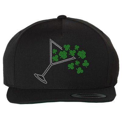 St Patricks Day Martini Clover Bling Rhinestone Paddys Day Wool Snapback Cap