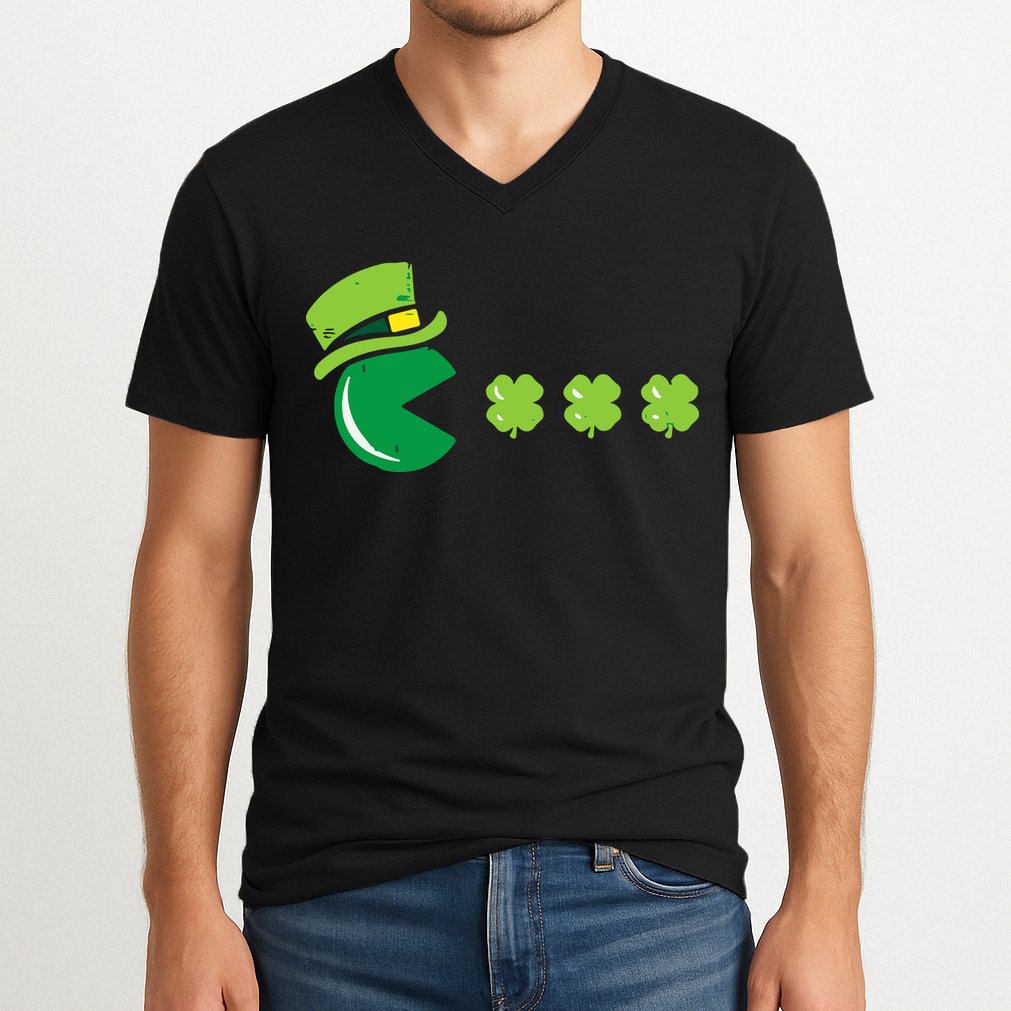 St Patricks Day Eating Shamrock Retro Gamer V-Neck T-Shirt