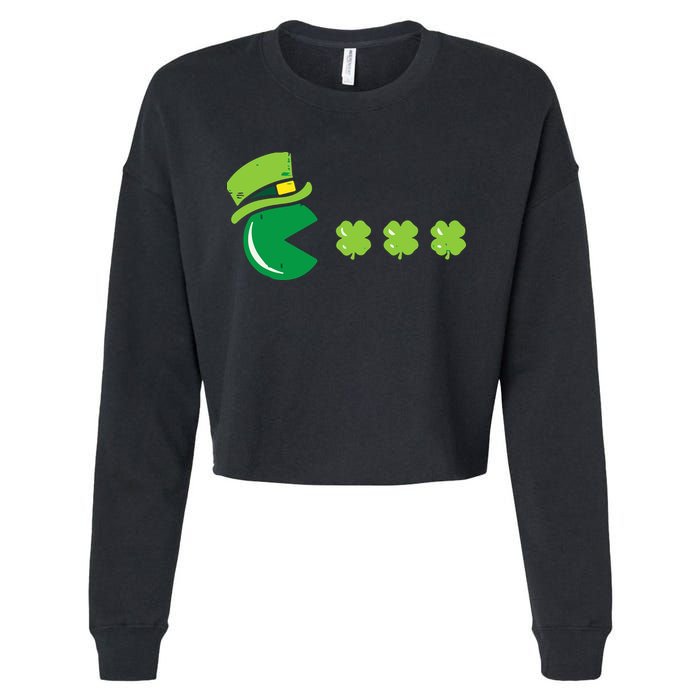 St Patricks Day Eating Shamrock Retro Gamer Cropped Pullover Crew