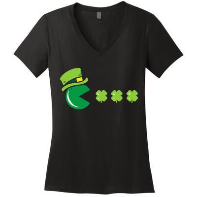 St Patricks Day Eating Shamrock Retro Gamer Women's V-Neck T-Shirt