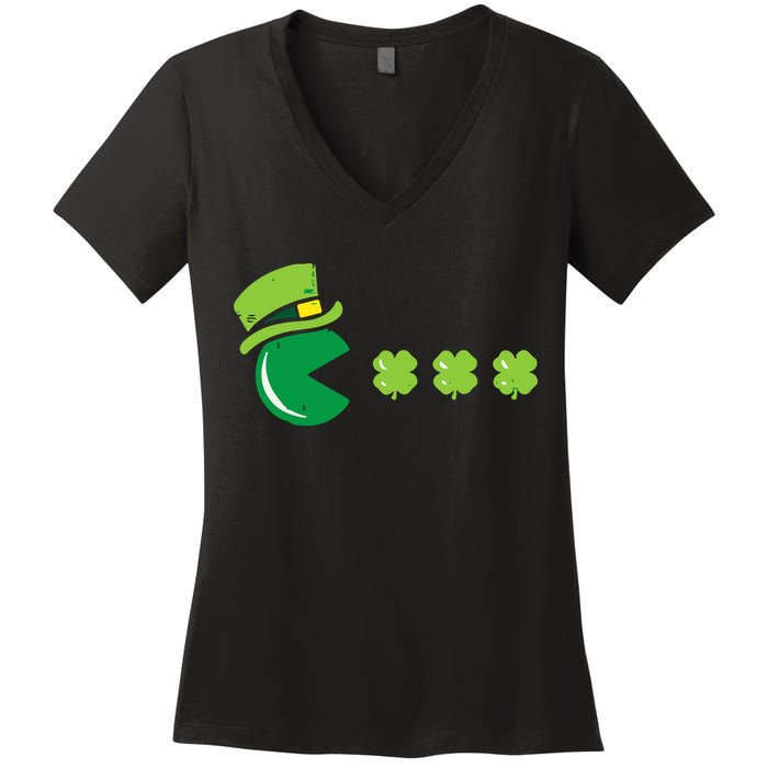 St Patricks Day Eating Shamrock Retro Gamer Women's V-Neck T-Shirt