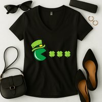 St Patricks Day Eating Shamrock Retro Gamer Women's V-Neck T-Shirt