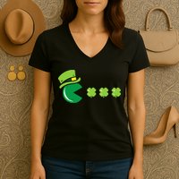 St Patricks Day Eating Shamrock Retro Gamer Women's V-Neck T-Shirt