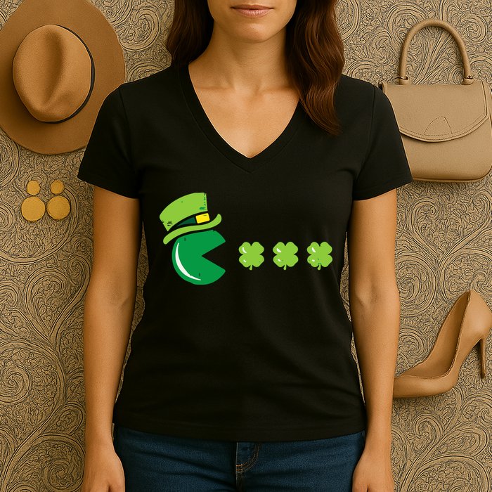 St Patricks Day Eating Shamrock Retro Gamer Women's V-Neck T-Shirt