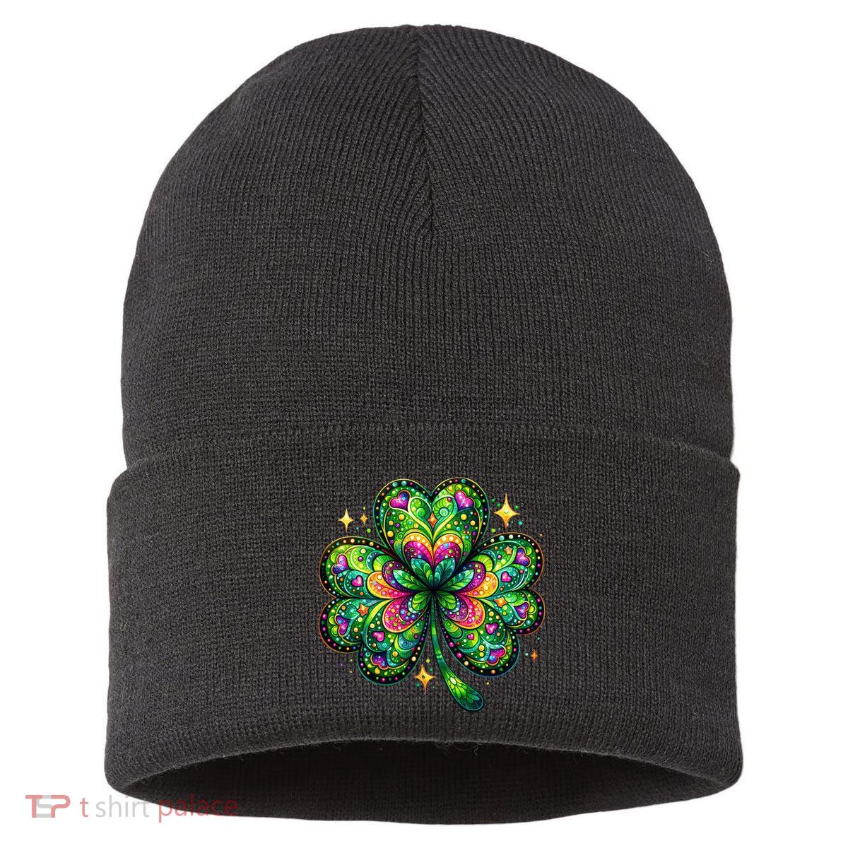 St Patricks Day Shamrock Irish Clover Sustainable Knit Beanie