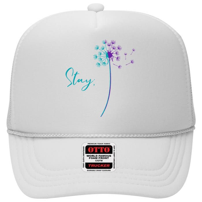 Suicide Prevention Dandelion Teal and Purple Stay Semicolon High Crown Mesh Back Trucker Hat