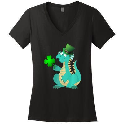 Saint Patricks Day Dragon Green Four Leaf Clover Leprechaun Women's V-Neck T-Shirt