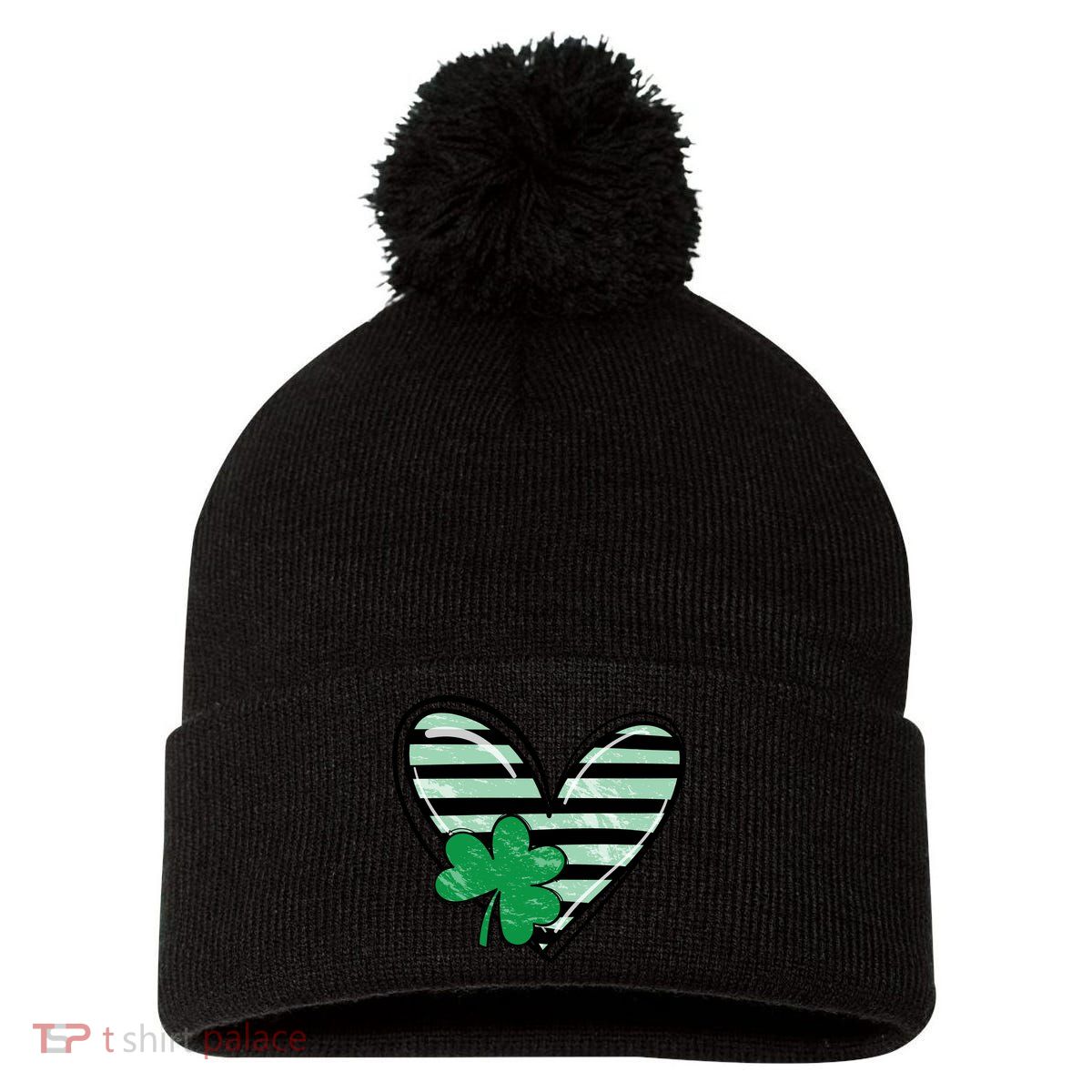 St Patrick's Day Clover Heart Holiday Pom Pom 12in Knit Beanie