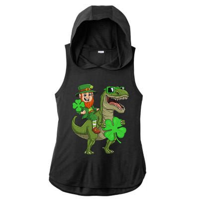 St Patricks Day Leprechaun Riding T Rex Funny Dino Ladies PosiCharge Tri-Blend Wicking Draft Hoodie Tank