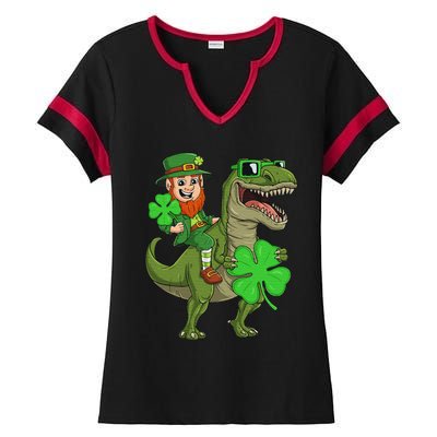 St Patricks Day Leprechaun Riding T Rex Funny Dino Ladies Halftime Notch Neck Tee