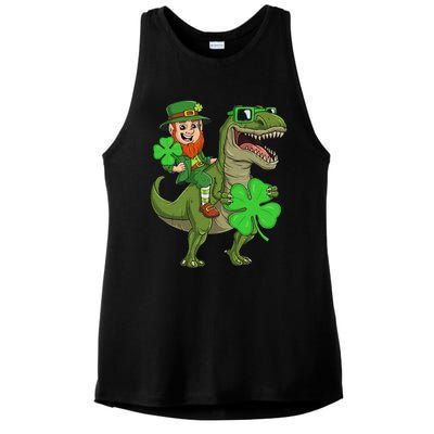 St Patricks Day Leprechaun Riding T Rex Funny Dino Ladies PosiCharge Tri-Blend Wicking Tank