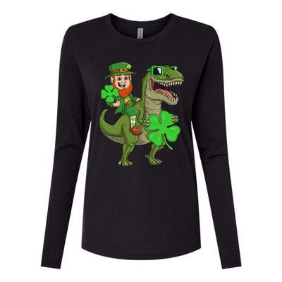 St Patricks Day Leprechaun Riding T Rex Funny Dino Womens Cotton Relaxed Long Sleeve T-Shirt