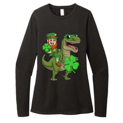 St Patricks Day Leprechaun Riding T Rex Funny Dino Womens CVC Long Sleeve Shirt